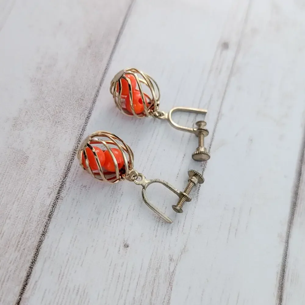 Vintage Screw Back Earrings Gold Tone with Orange - Dangle Earrings